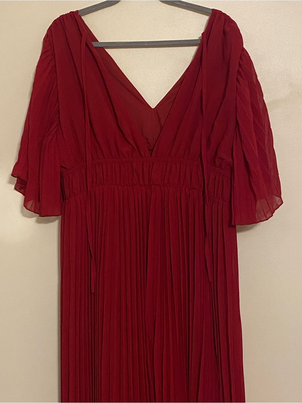 Plus Size Deep V-Neck Red Burgundy Pleated Maxi Dress